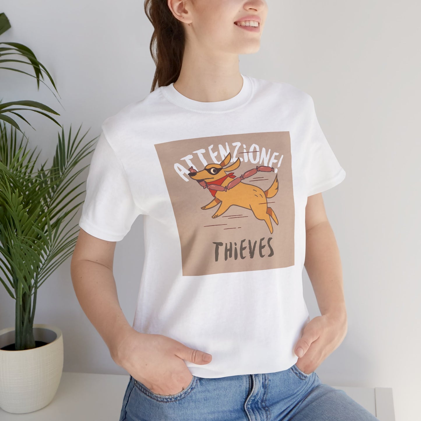 Playful Warning Tee: 'Attenzione! Thieves' Unisex Jersey Short Sleeve Shirt